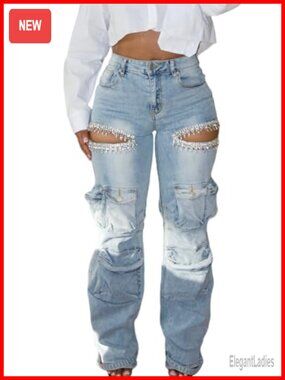 High Waist Rhinestone Cargo Jeans Cut Out Straight Leg Denim Pants